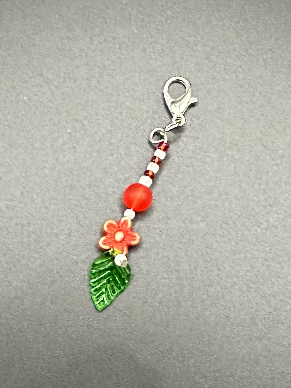 Zipper Pull Red Flower & Green Leaf Charm Pendant for Women